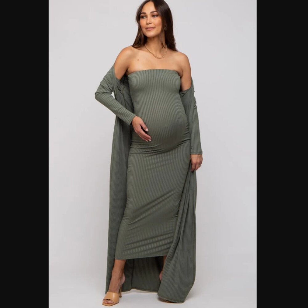 Olive Ribbed Sleeveless Dress Cardigan Maternity Set